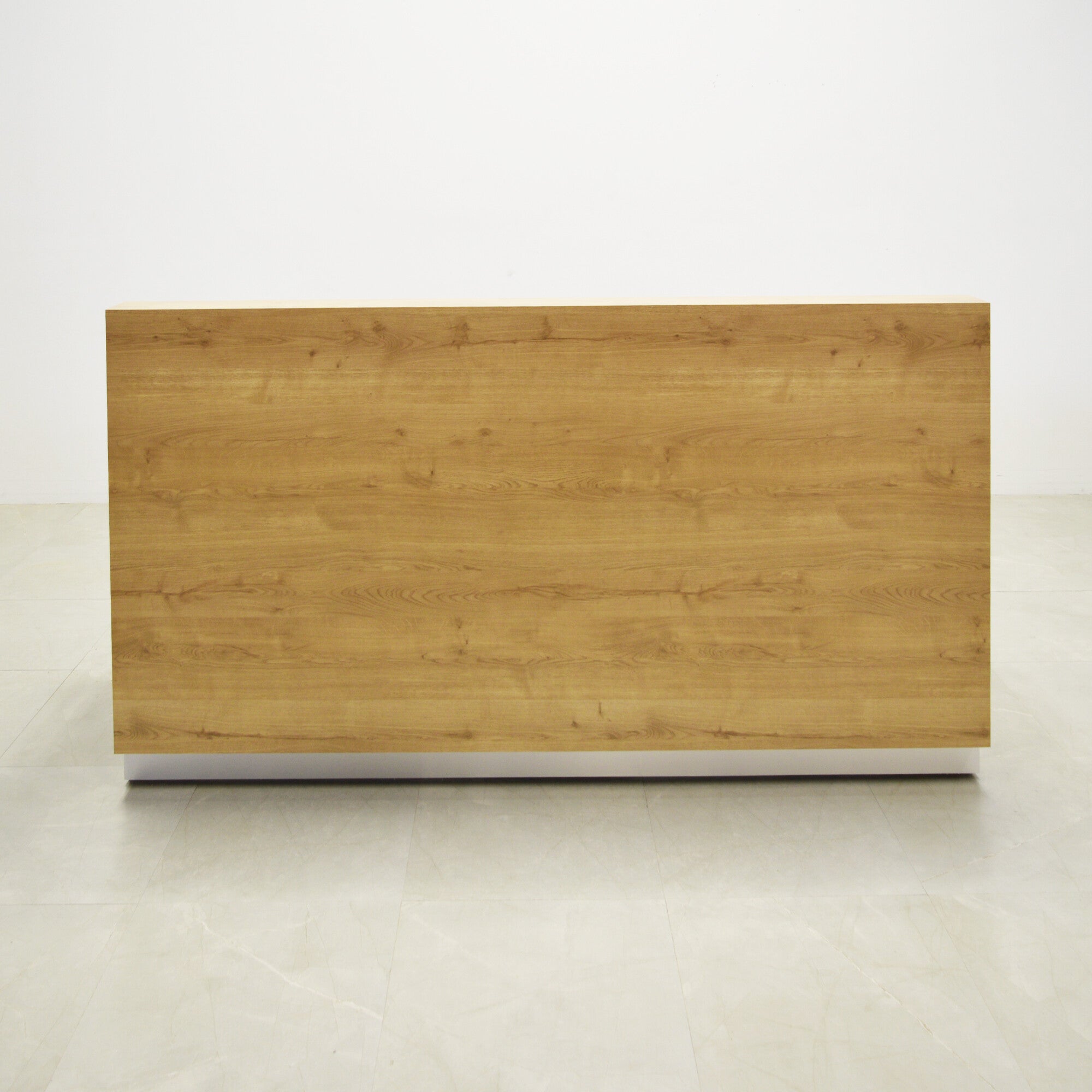90-inch Dallas Straight Custom Reception Desk in planked urban oak matte laminate main desk and brushed aluminum toe-kick.