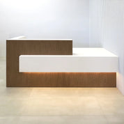 90-inch Atlanta Custom Reception Desk with walnut tambour & natural background desk, Dover off-white matte laminate workspace & storage, Dover off-white matte laminate front accent panel. 
