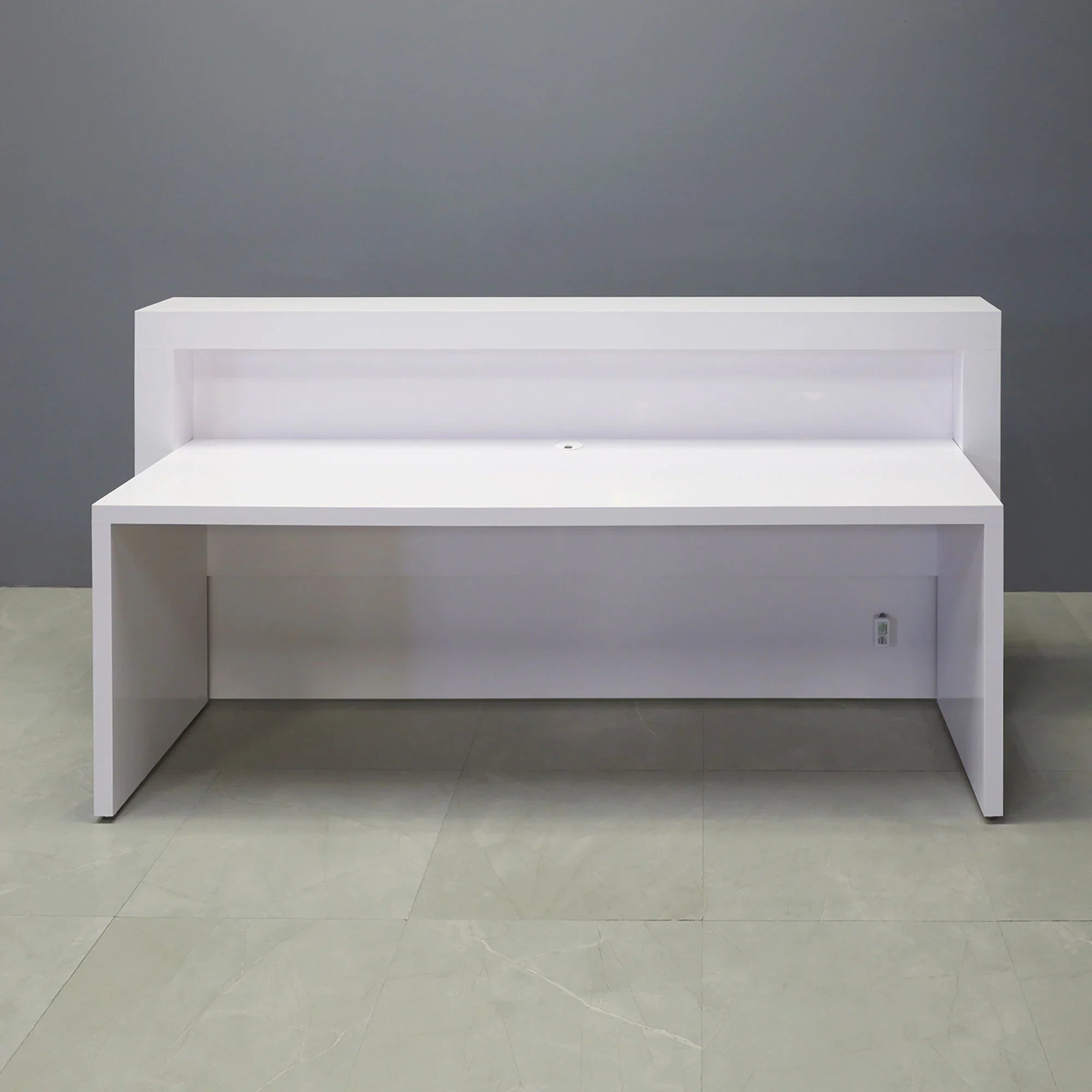 90-inch New York Straight Shape Custom Reception Desk in white gloss laminate main desk, front panel, and accent recessed, with multi-colored LED, shown here.