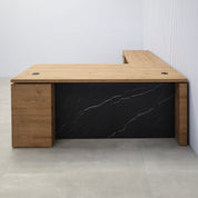 70X82-inch Denver L-Shape Executive Desk with Cabinet with Spiced Chestnut Matte laminate top, Spiced Chestnut Matte laminate base & storage, and Black Stone Palazzo laminate panel.