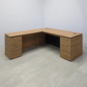 70X82-inch Denver L-Shape Executive Desk with Cabinet with Spiced Chestnut Matte laminate top, Spiced Chestnut Matte laminate base & storage, and Black Stone Palazzo laminate panel.