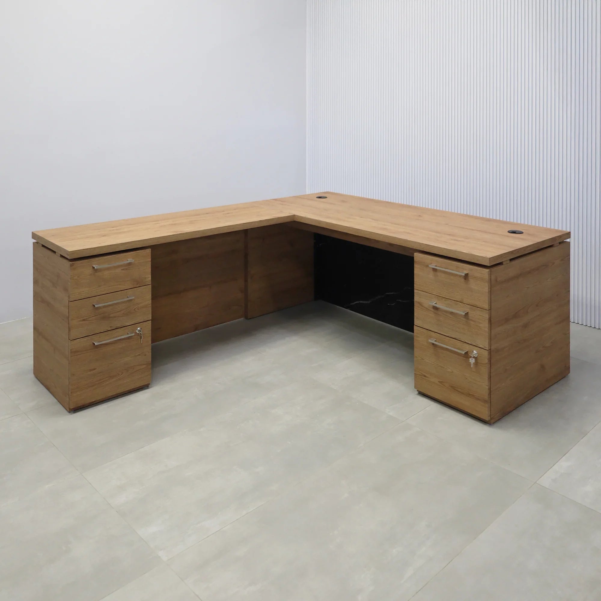 70X82-inch Denver L-Shape Executive Desk with Cabinet with Spiced Chestnut Matte laminate top, Spiced Chestnut Matte laminate base & storage, and Black Stone Palazzo laminate panel.
