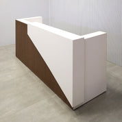 96-inch Miami Reception Desk with Dover Off-White matte laminate counter, Dover Off-White matte laminate workspace, American Walnut & Natural background grooved panel, and Warm White LED.