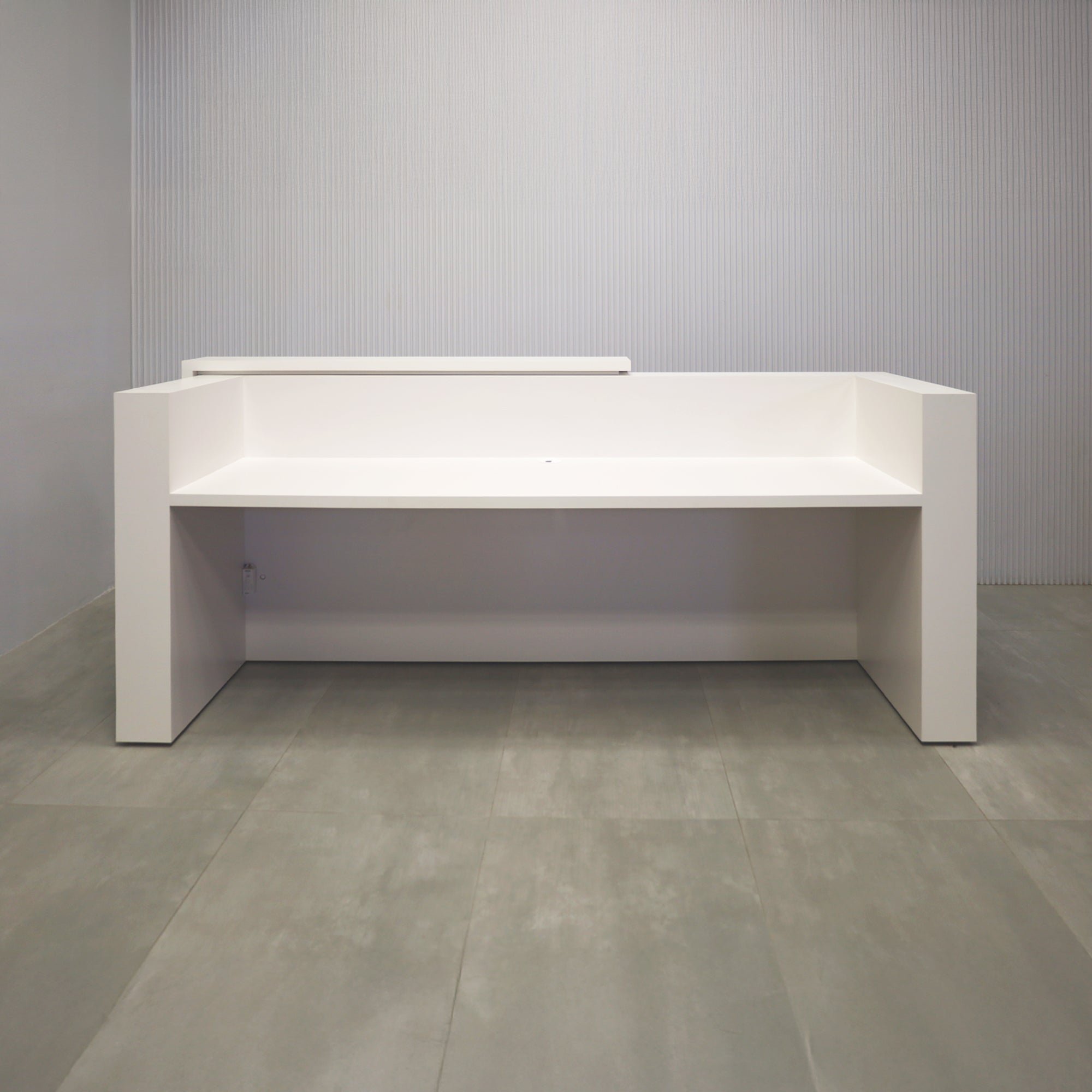 96-inch Miami Reception Desk with Dover Off-White matte laminate counter, Dover Off-White matte laminate workspace, American Walnut & Natural background grooved panel, and Warm White LED.