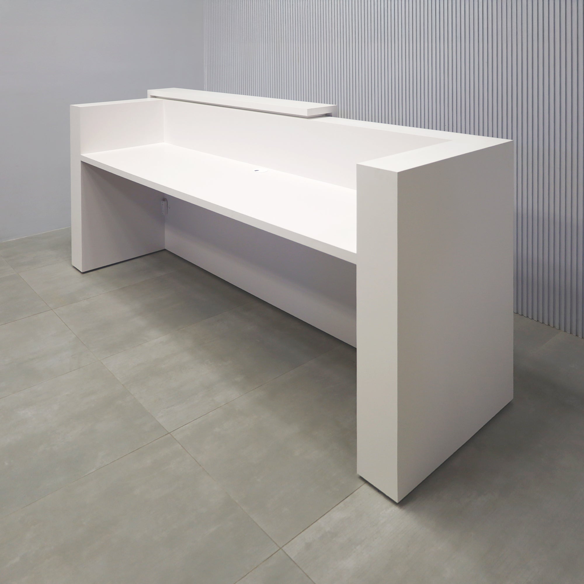 96-inch Miami Reception Desk with Dover Off-White matte laminate counter, Dover Off-White matte laminate workspace, American Walnut & Natural background grooved panel, and Warm White LED.