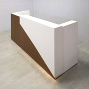 96-inch Miami Reception Desk with Dover Off-White matte laminate counter, Dover Off-White matte laminate workspace, American Walnut & Natural background grooved panel, and Warm White LED.