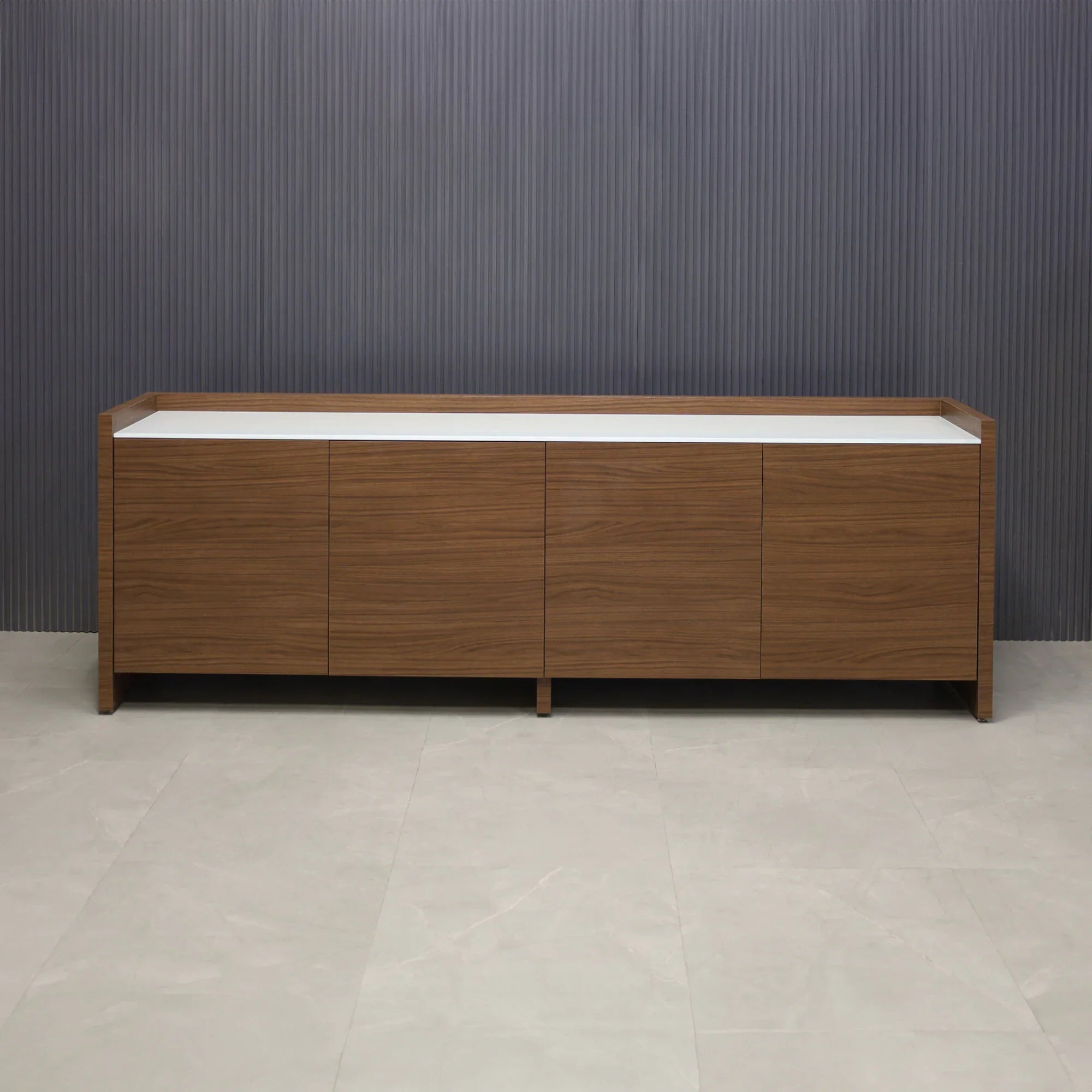 96-inch Aspen Storage Credenza in 1/2-inch white tempered glass top, and walnut heights matte laminate credenza & doors.