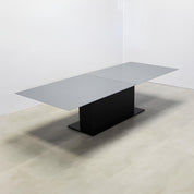 120-inches Omaha Rectangular Shape Conference Table with medium gray tempered glass top, ebony reccon matte laminate pedestal, black powder coated metal pedestal, black powder coated metal X3 base.