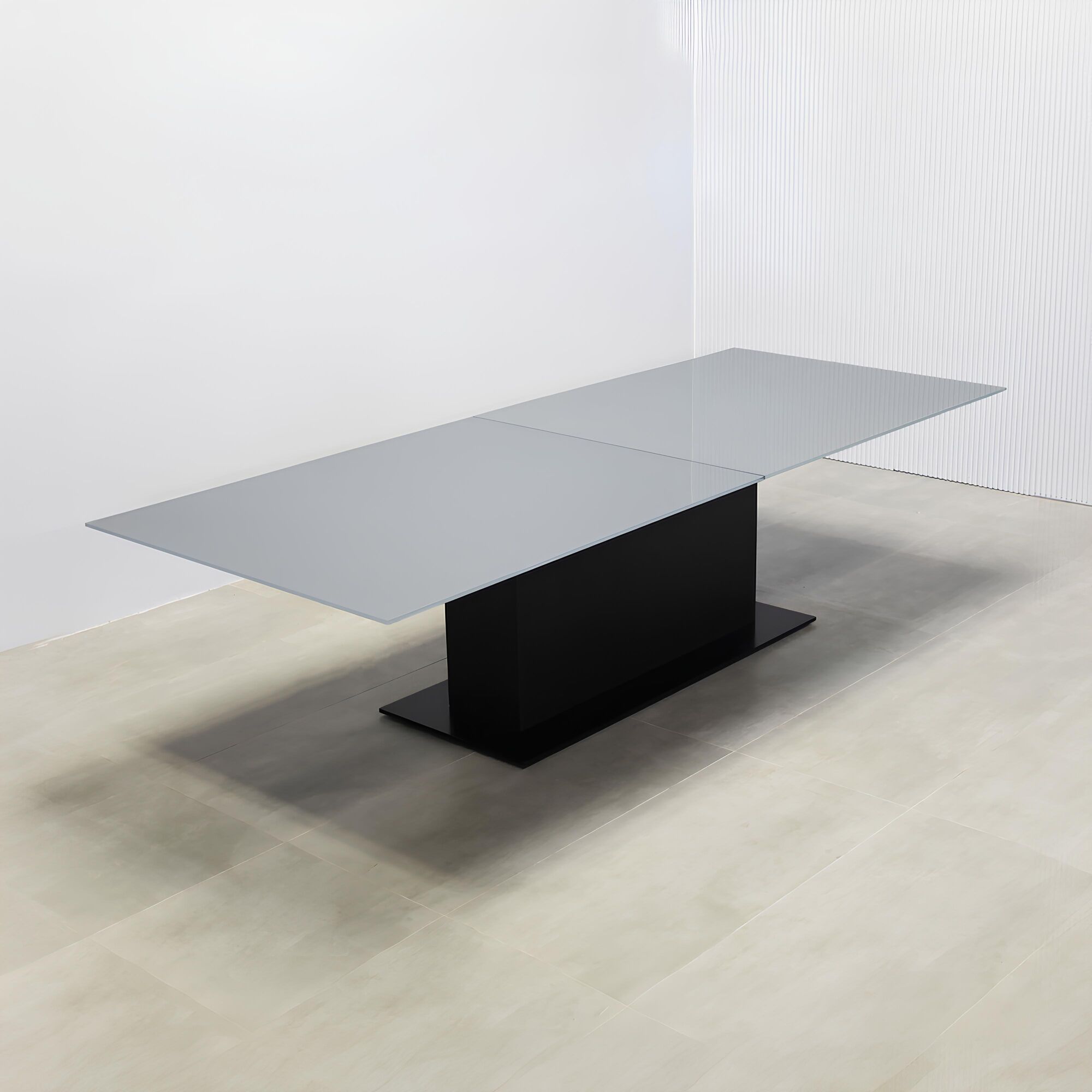 120-inches Omaha Rectangular Shape Conference Table with medium gray tempered glass top, ebony reccon matte laminate pedestal, black powder coated metal pedestal, black powder coated metal X3 base.