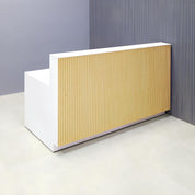 72-inch Dallas Straight Custom Reception Desk in 1/2-inch white solid engineered surface top, maple tambour main desk, and white matte laminate workspace & toe-kick.