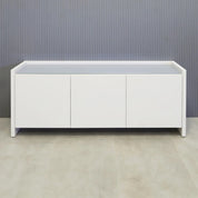 72-inch Aspen Storage Credenza with light gray tempered glass top, dover off-white matte laminate credenza & front doors.