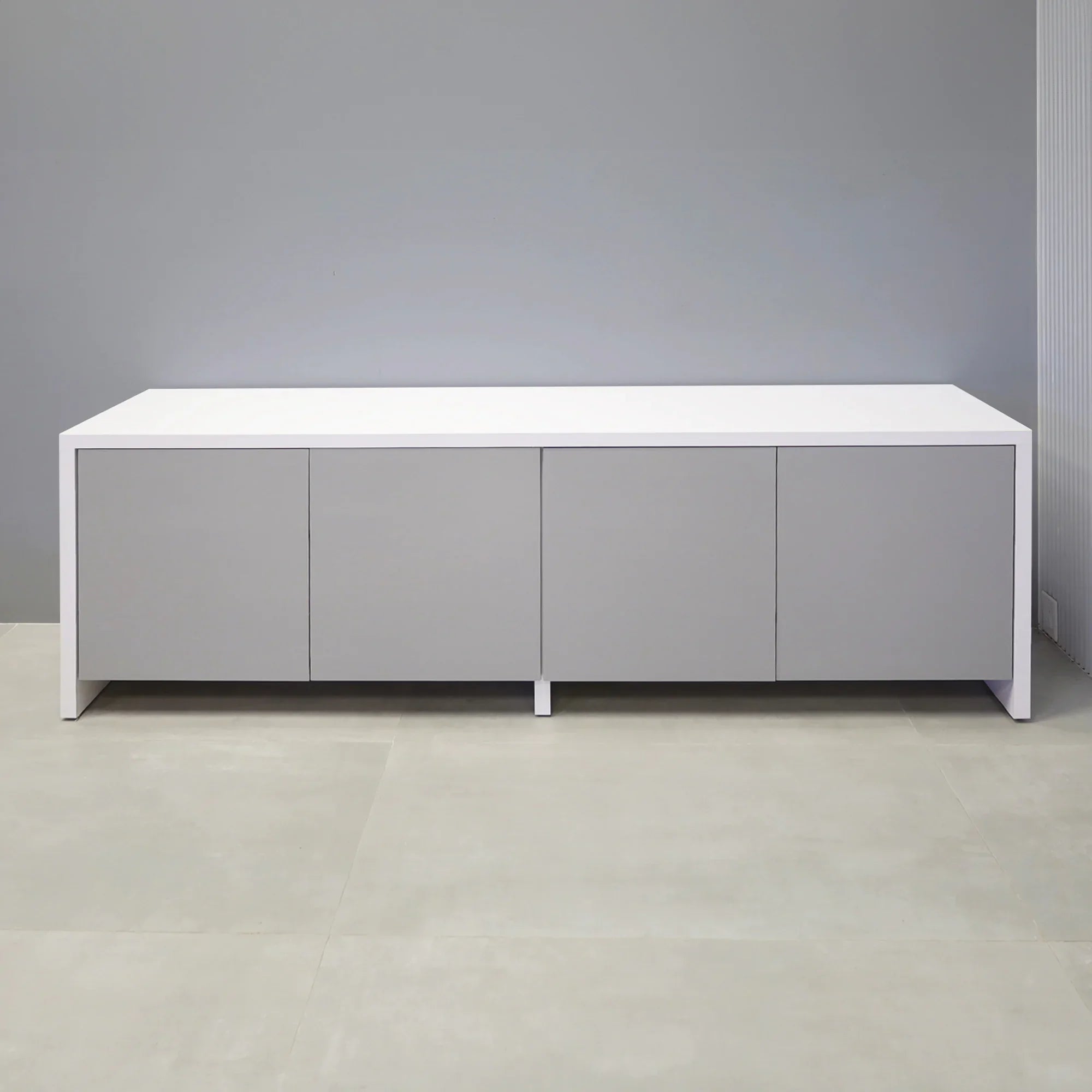 90-inch Boston Storage Credenza with white gloss laminate credenza and light gray gloss laminate front drawers.