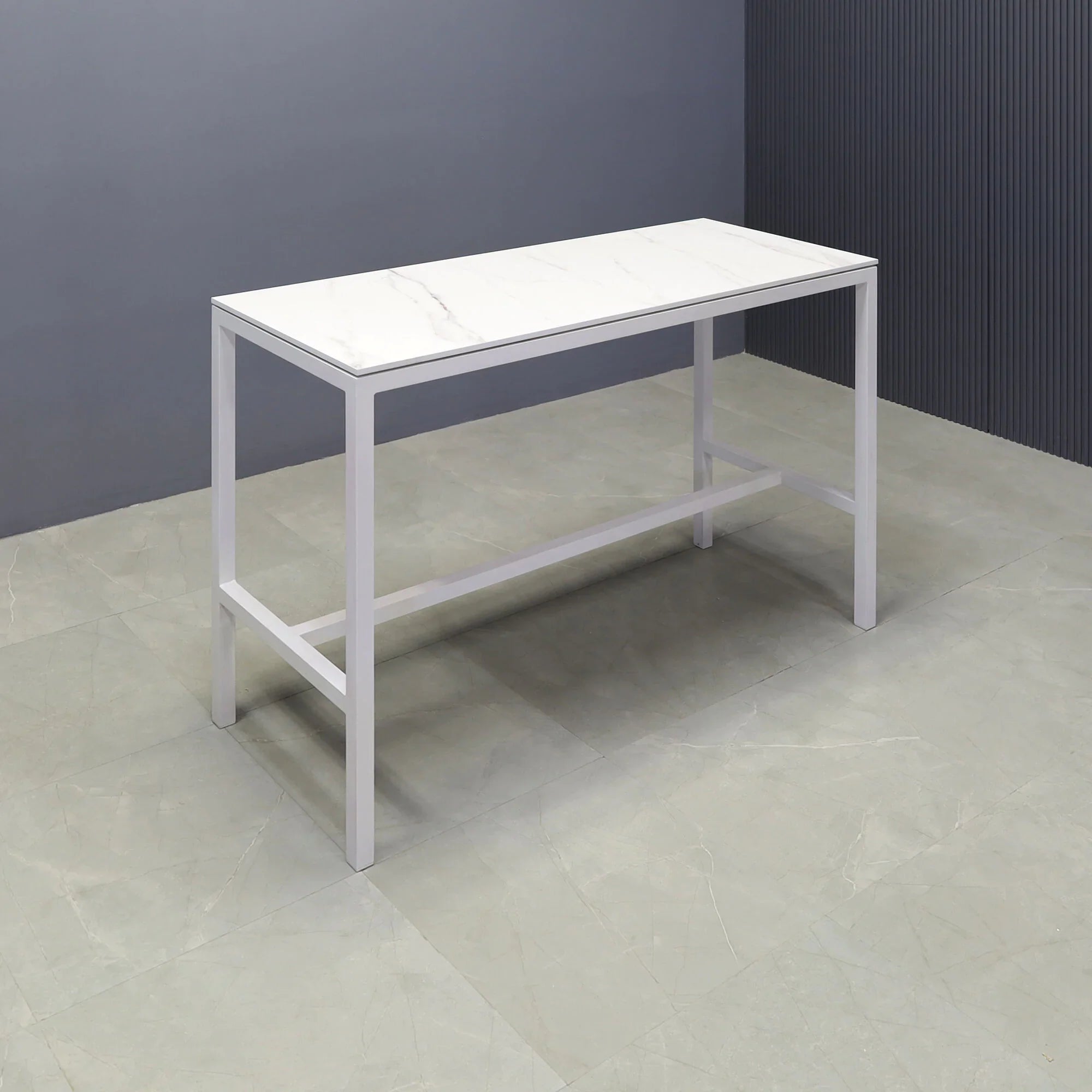 2" engineered surface bar table and white aluminum frame, shown here.