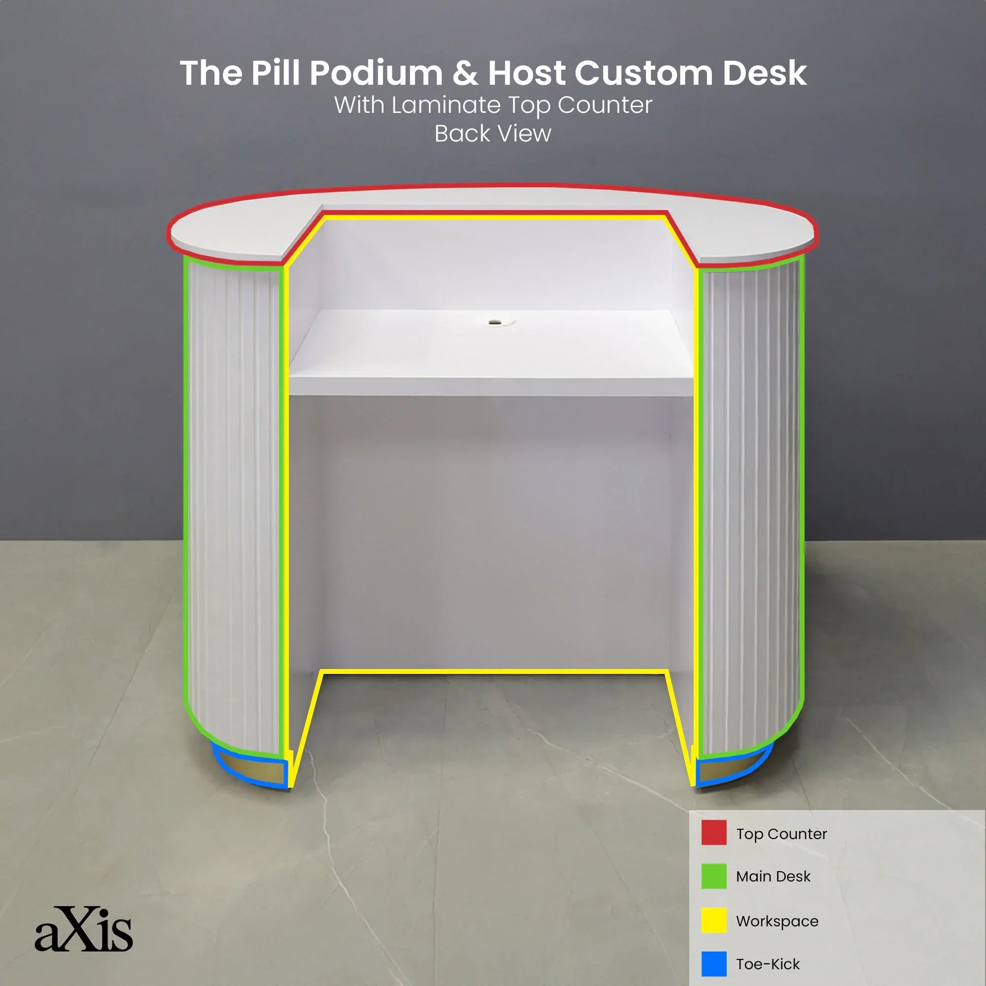 42-inch The Pill Podium & Host Custom Desk in white matte laminate top counter & workspace, white matte tambour main desk, and gold aluminum toe-kick.