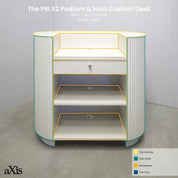 '="48-inch The Pill X2 Podium & Host Custom Desk White Ash Tambour front, White Solid engineered surface top, White Ash matte laminate workspace and toe-kick.(Explanatory - Back)
