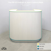 48-inch The Pill X2 Podium & Host Custom Desk White Ash Tambour front, White Solid engineered surface top, White Ash matte laminate workspace and toe-kick. (Explanatory - Front)