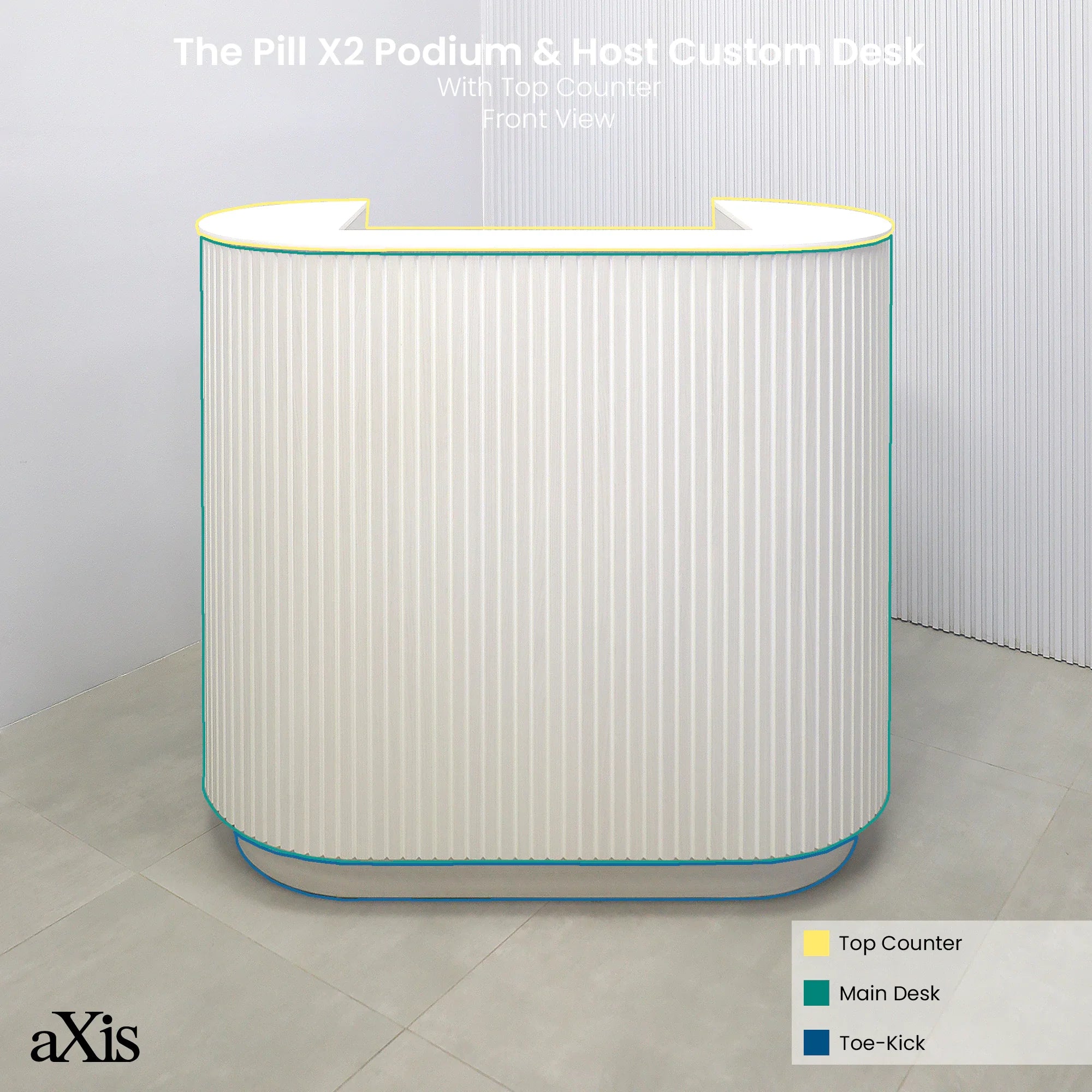 48-inch The Pill X2 Podium & Host Custom Desk White Ash Tambour front, White Solid engineered surface top, White Ash matte laminate workspace and toe-kick. (Explanatory - Front)