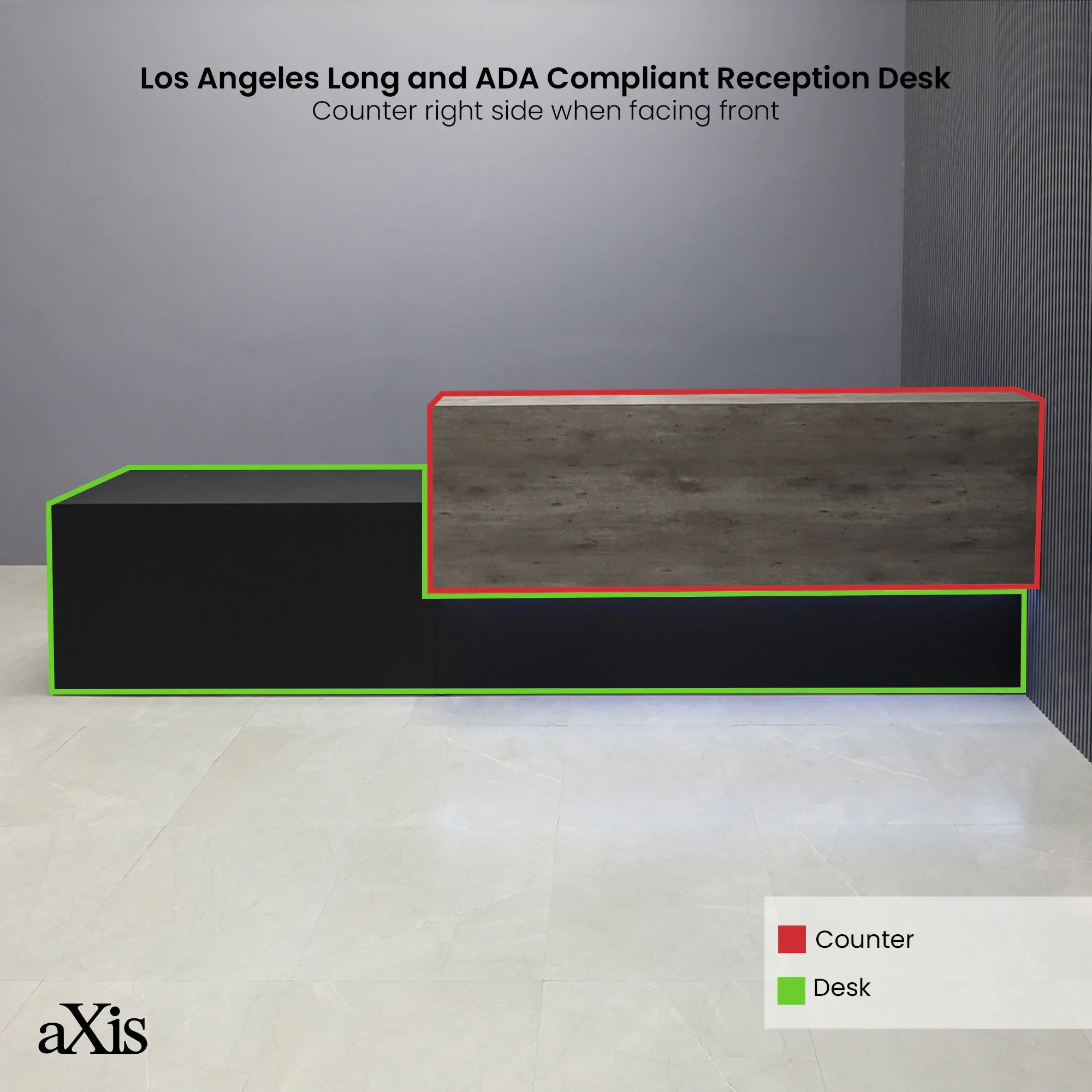 150-inch Los Angeles Long and ADA Compliant Custom Reception Desk with the counter on the right side when facing front in metropolitan concrete PVC, black traceless laminate desk, and warm white LED.