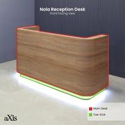 84-inch Nola Custom Reception Desk in DISCONTINUED matte laminate main desk, brushed gold toe-kick, and warm white LED.