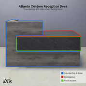 72-inch Atlanta Custom Reception Desk with the countertop & base on the left side when facing front covered in metropolitan concrete PVC, while the workspace and front panel are covered in black stone PVC.