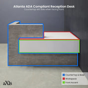 72-inch Atlanta Custom Reception Desk with the countertop & base on the left side when facing front covered in industrial concrete laminate, while the workspace and front panel are covered in white matte laminate.
