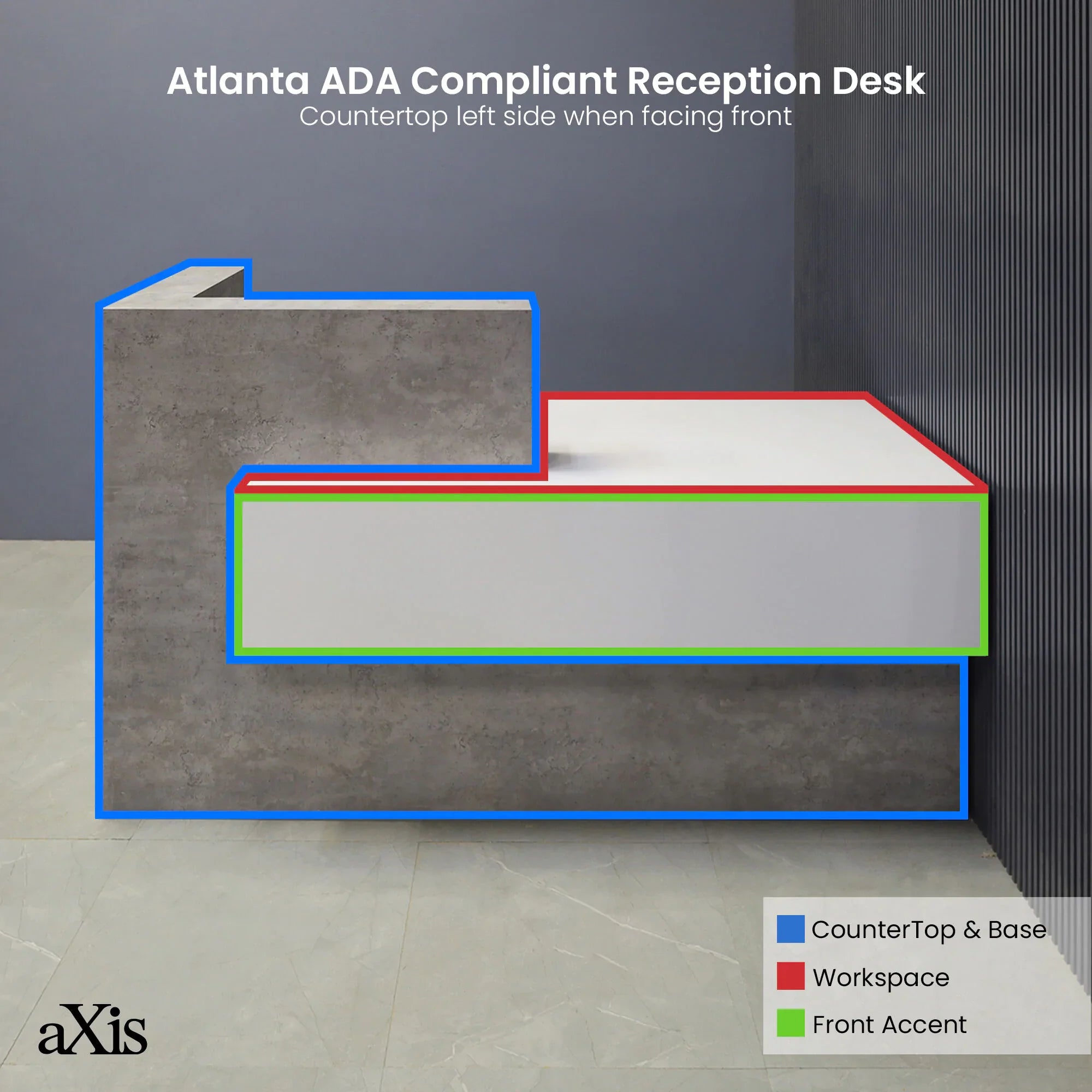 72-inch Atlanta Custom Reception Desk with the countertop & base on the left side when facing front covered in industrial concrete laminate, while the workspace and front panel are covered in white matte laminate.