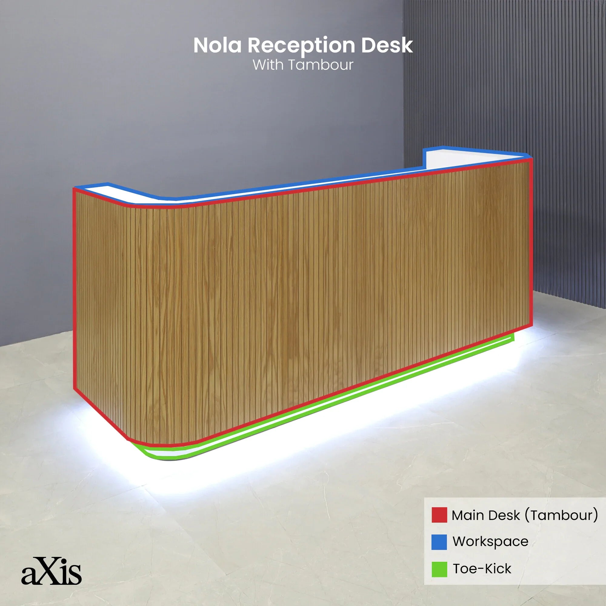 90-inch Nola Custom Reception Desk in white oak tambour main desk, white matte laminate workspace & toe-kick, and warm white LED.