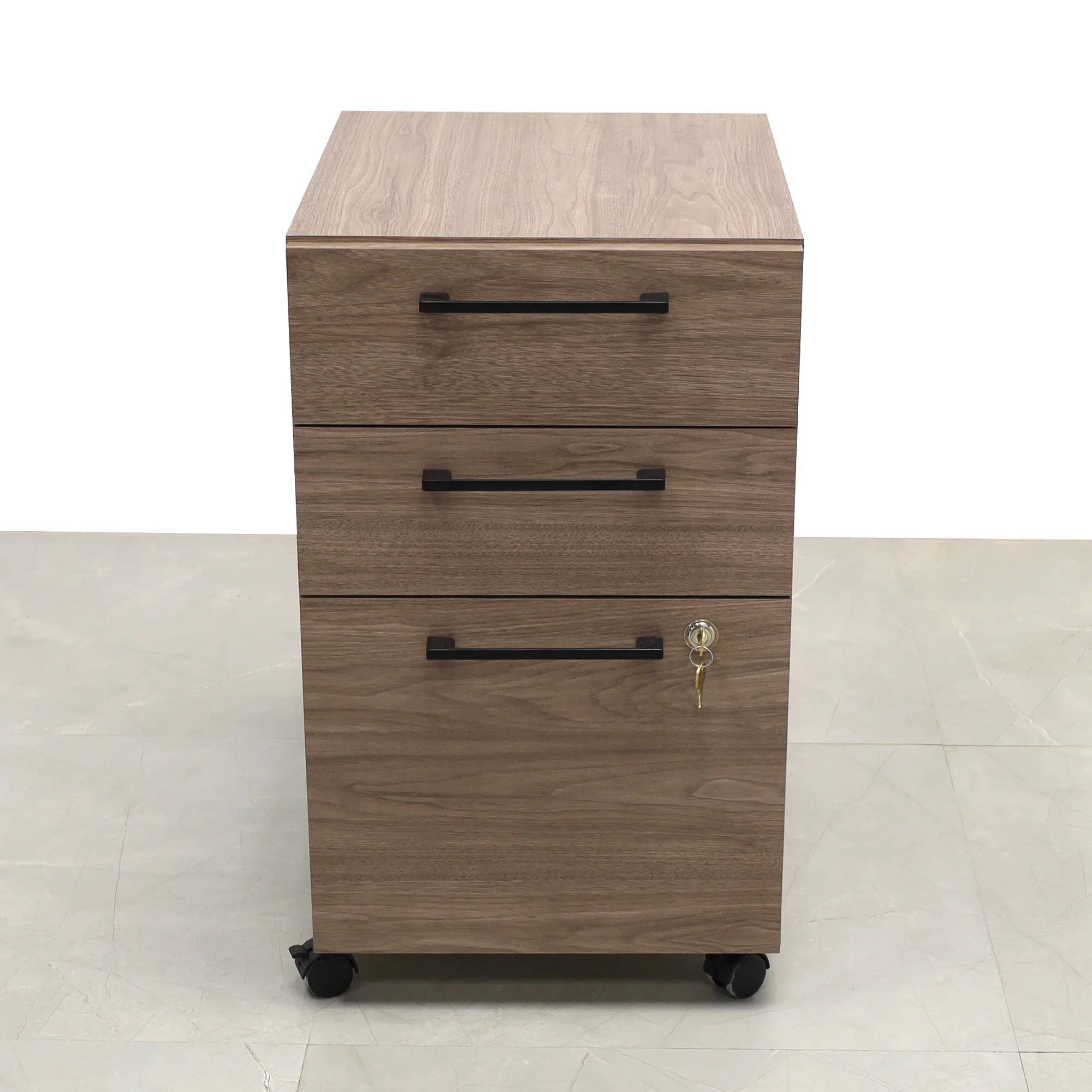 Naples Custom Mobile Storage Cabinet in hazel walnut matte laminate. and lock on third drawer.