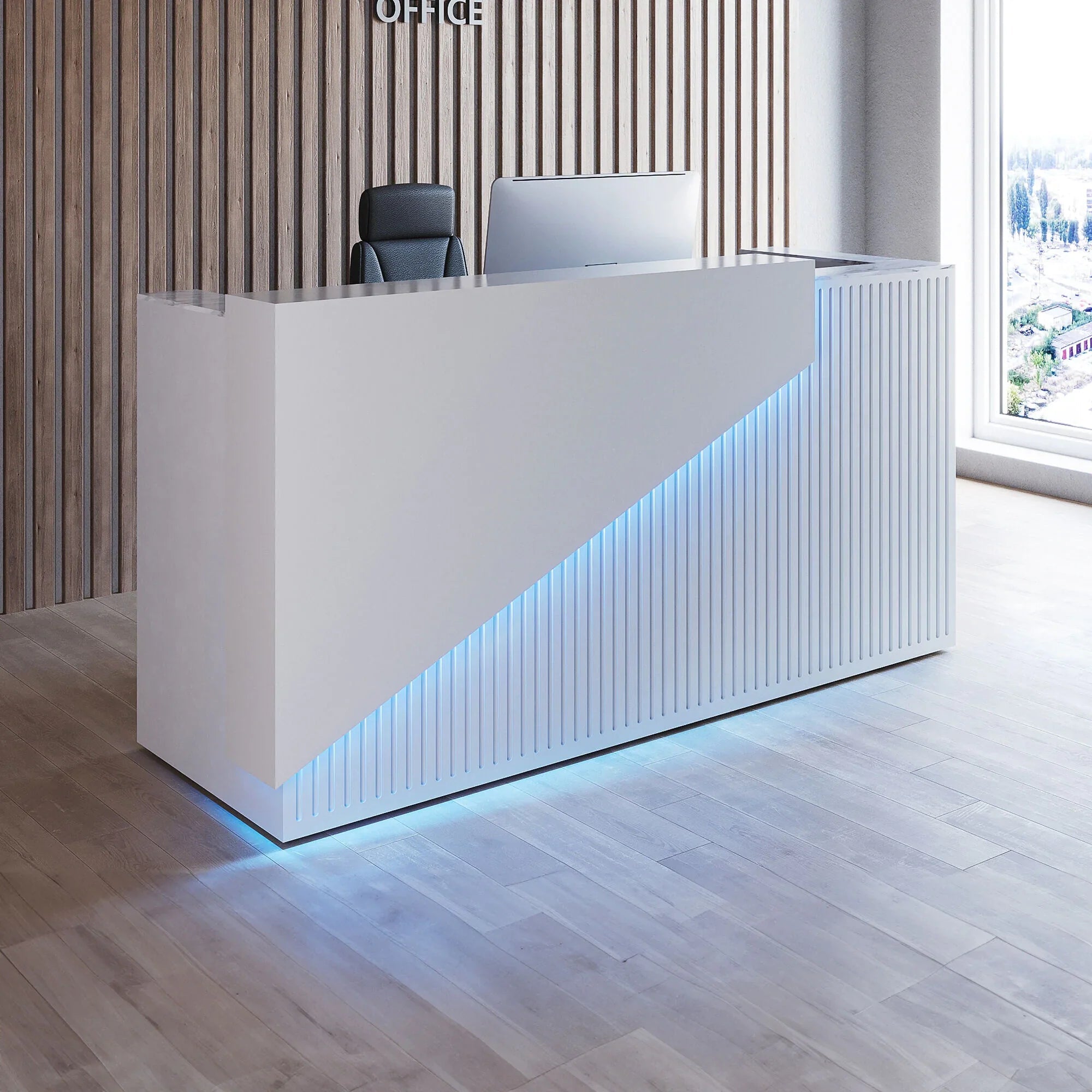 84-inch Miami Custom Reception Desk in white gloss laminate counter, white gloss laminate grooved front panel and desk, with color LED, shown here.
