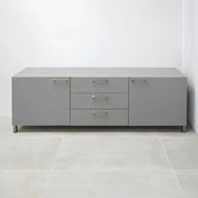90-inch Naples Custom Storage Credenza in light gray gloss laminate credenza, and front drawers & doors, with chromed legs.