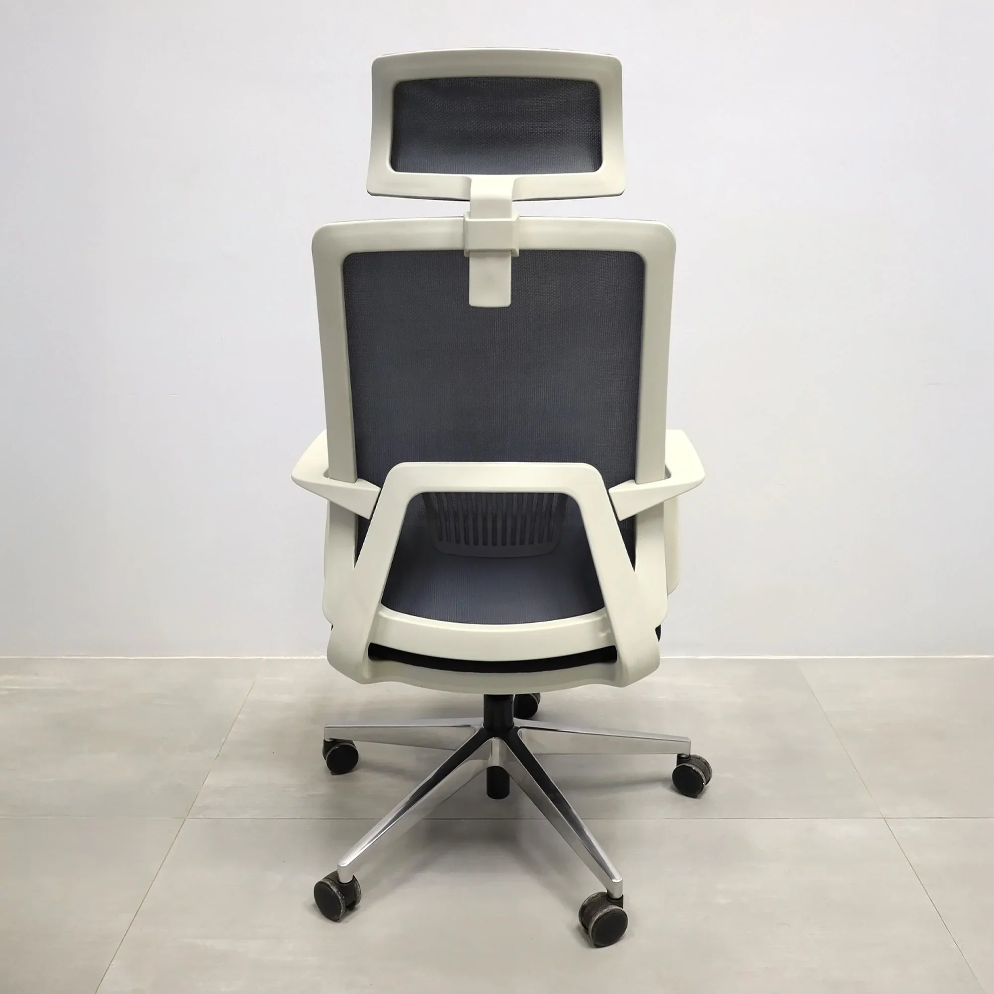 Terra Office Chair with Fixed Arms in light gray mesh back and black fabric seat cushion, shown here.