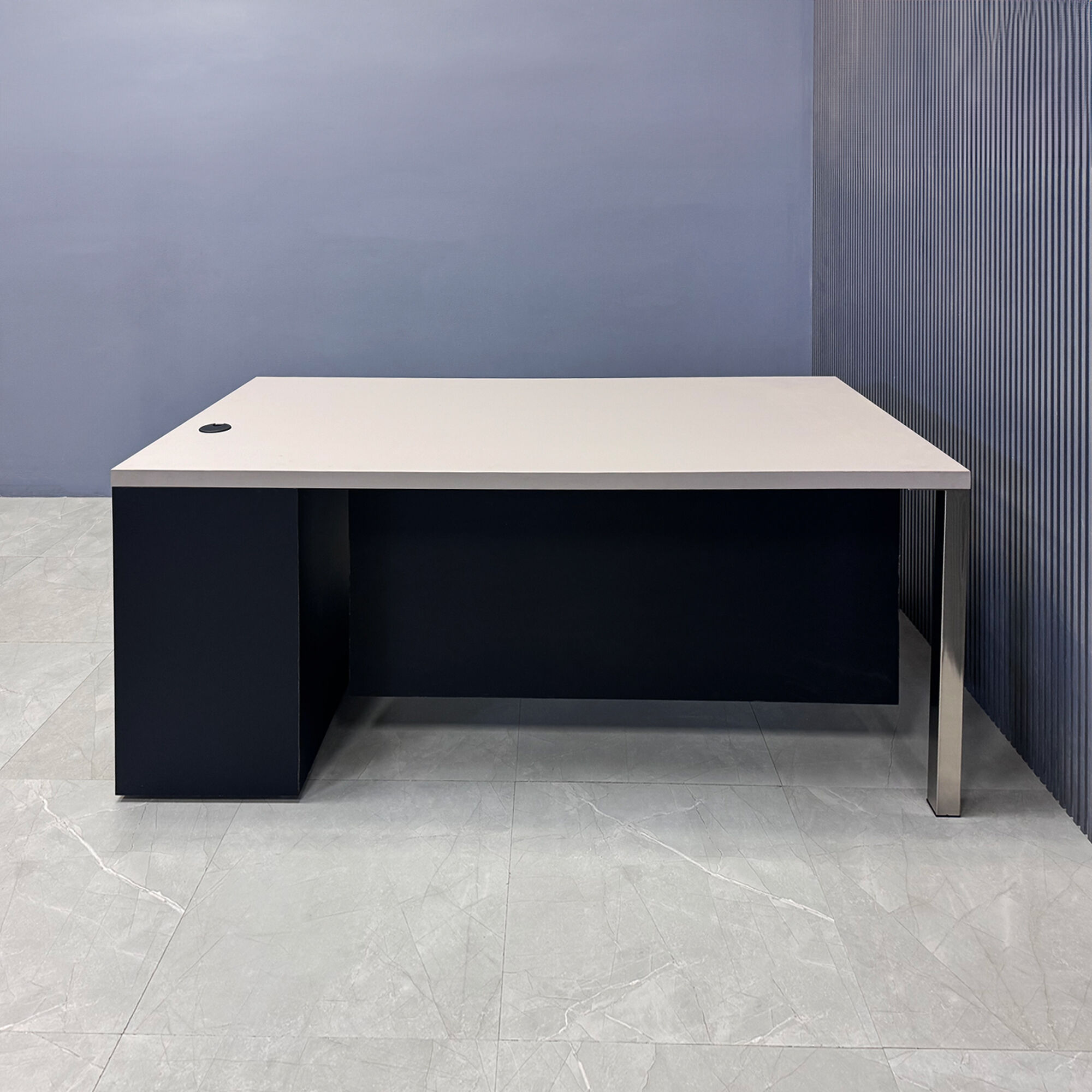 72-inch Dallas Straight Executive Desk W/ Cabinet in beige pvc top, black traceless laminate storage & privacy panel, with brushed aluminum legs, shown here.