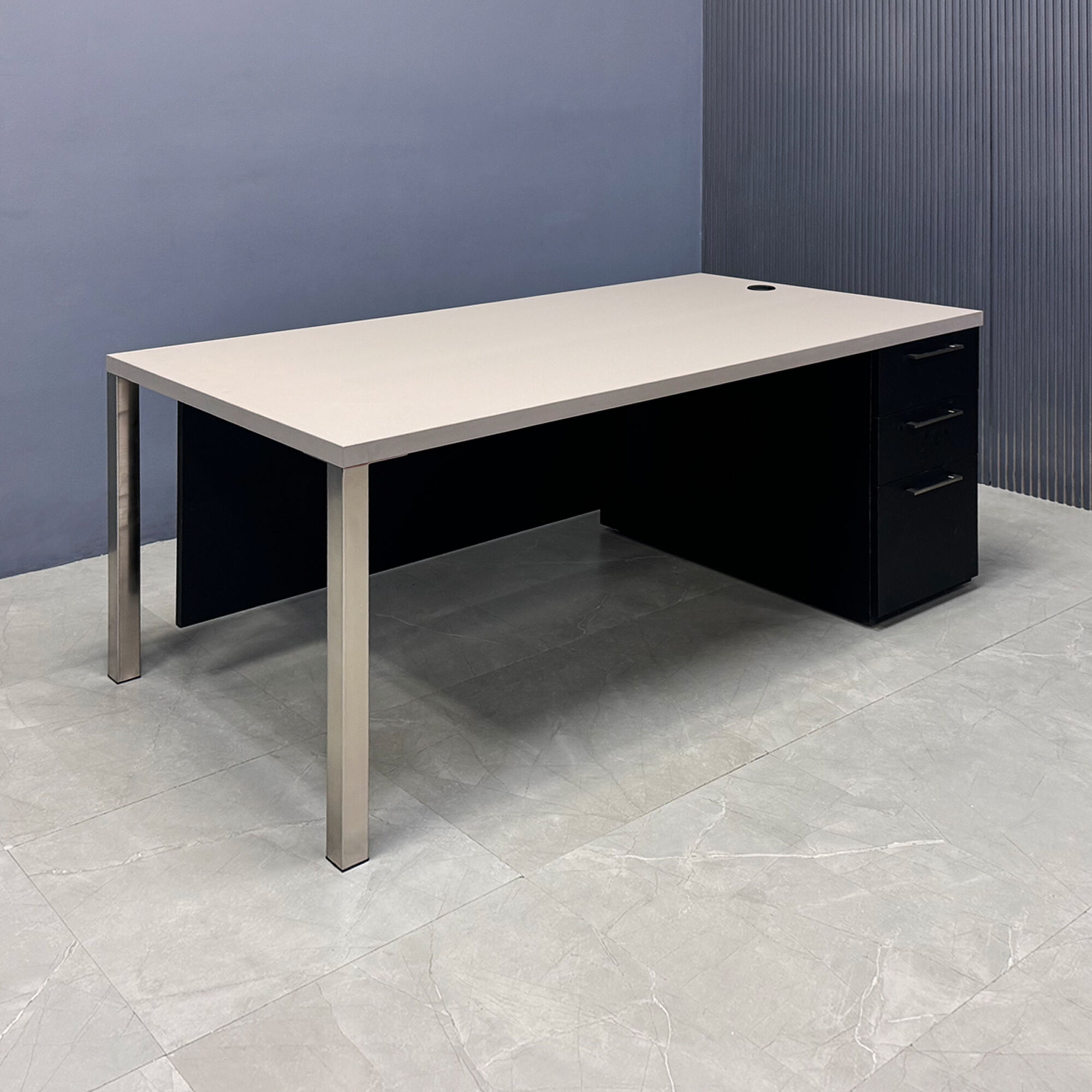 72-inch Dallas Straight Executive Desk W/ Cabinet in beige pvc top, black traceless laminate storage & privacy panel, with brushed aluminum legs, shown here.