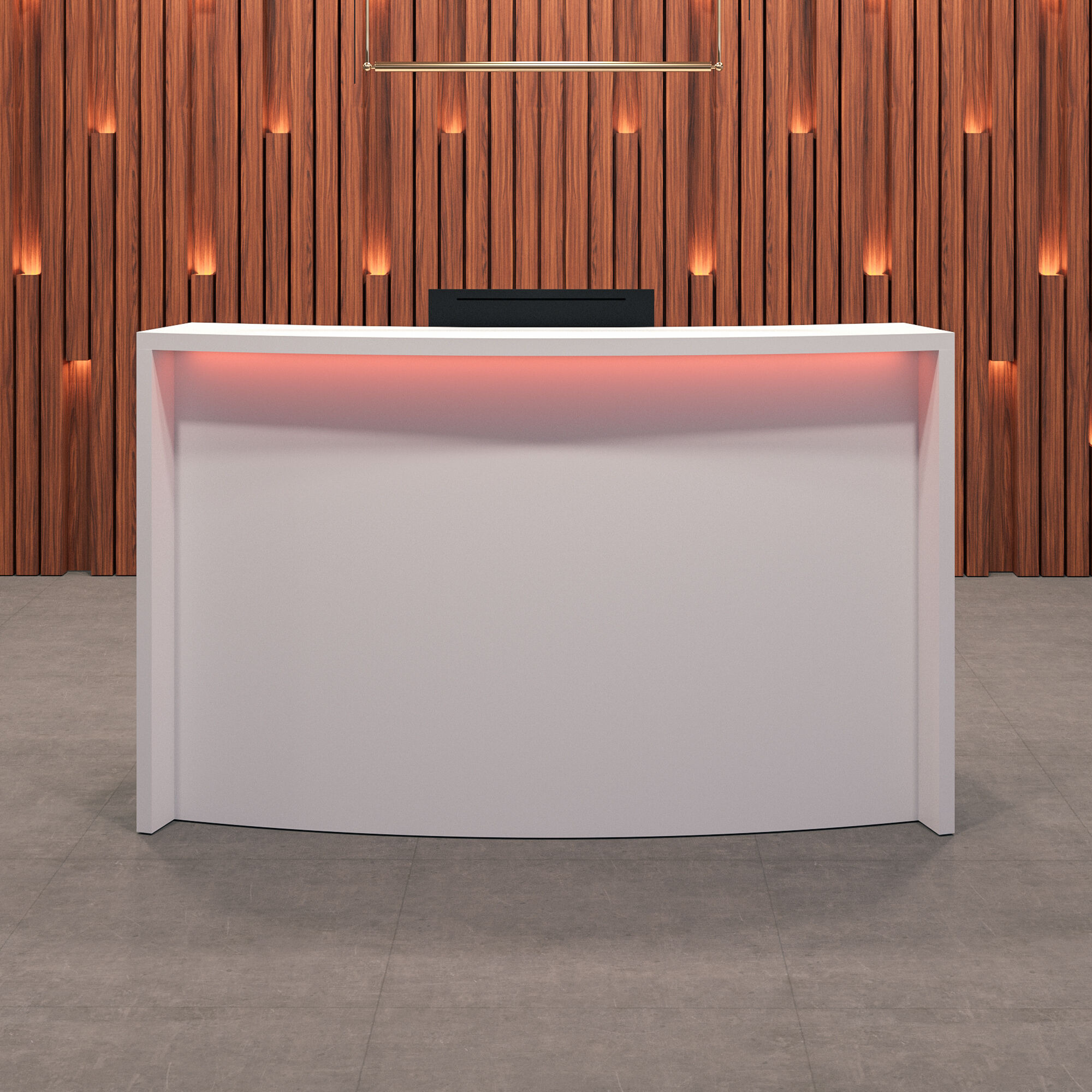 72-inch Seattle X1 Custom Reception Desk in white gloss laminate desk and curved front panel, with multi-colored LED, shown here.