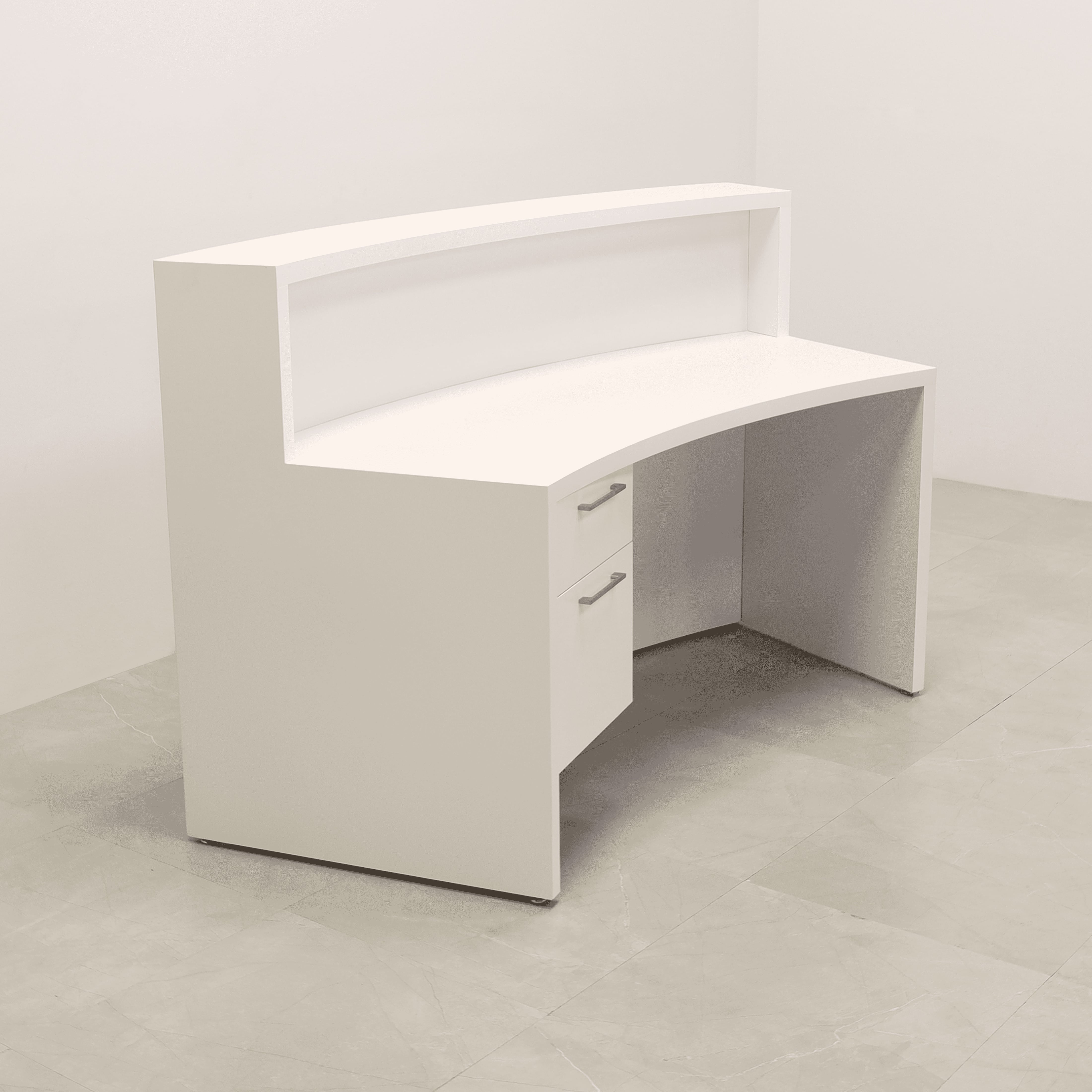 72-inch Seattle X1 Custom Reception Desk in white matte laminate desk and curved front panel, with warm white LED, shown here.