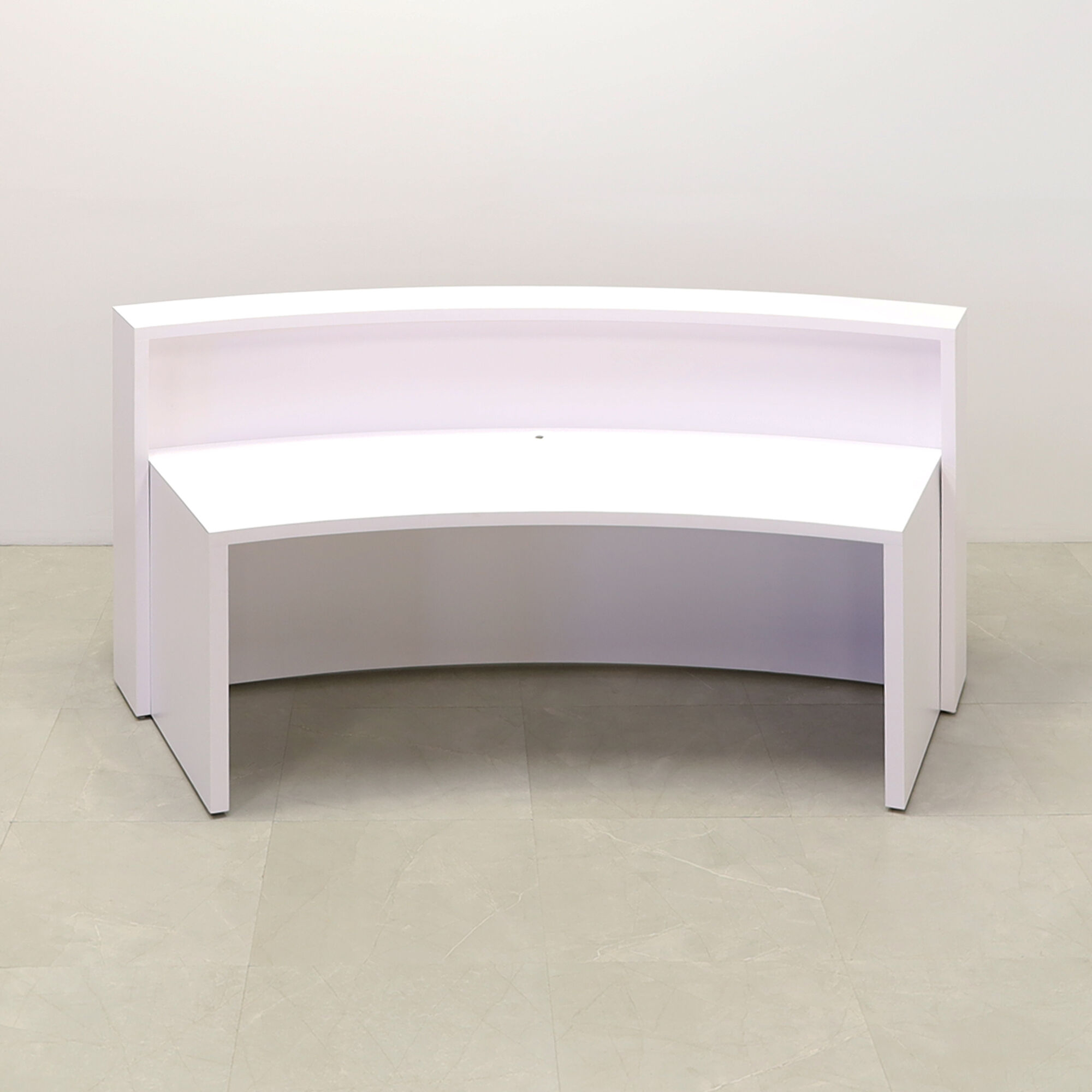 90-inch Seattle X1 Custom Reception Desk in white matte laminate desk, and hazel walnut matte laminate curved front panel, with multi-colored LED, shown here.